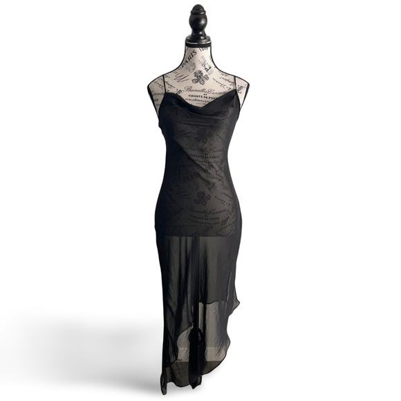 Vintage 90s Black Sheer Mesh Club Dress Open Back Asymmetrical Soft Goth Small - Picture 2 of 7